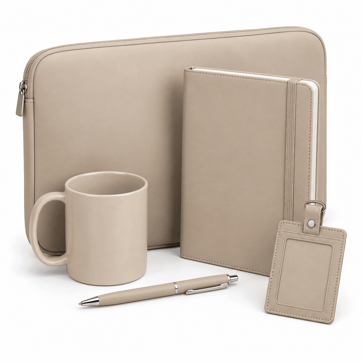 Welcome gift set with a sleeve, notebook, mug, pen, and badge holder